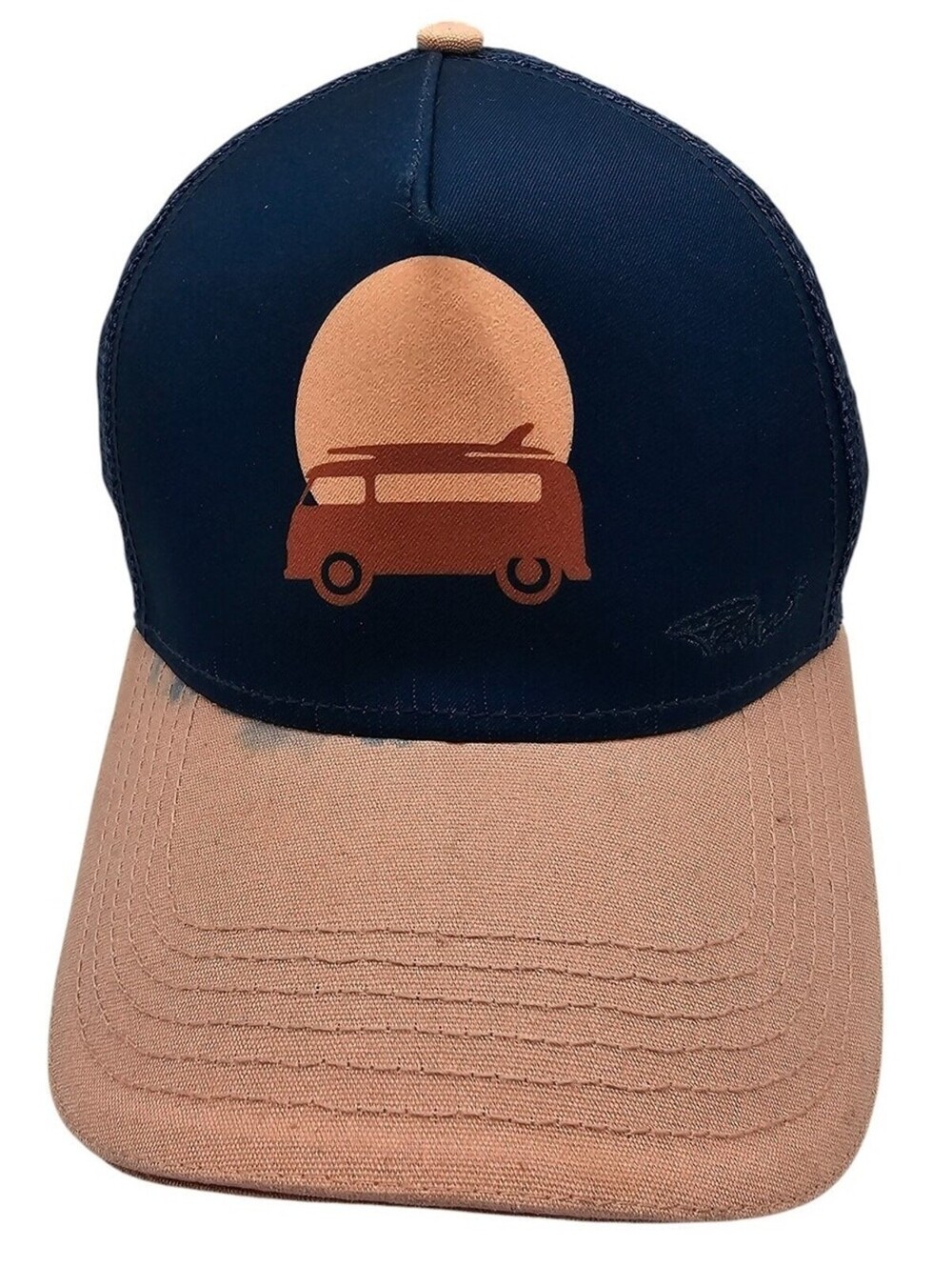 Prana La Viva Trucker Hat featuring a surf bus graphic and navy blue and peach
